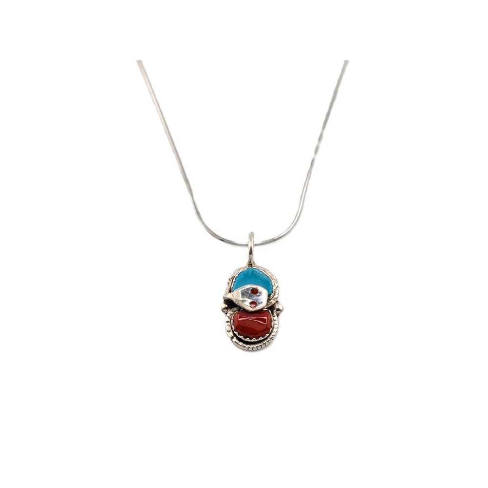 Zuni Snake Eye Turquoise Coral Necklace Sterling Silver 24" Jewelry**